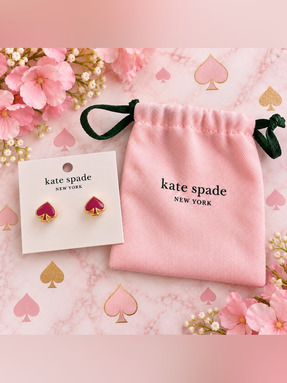 kate spade Pink and Gold Spade Stud Earrings with Pink dust bag
